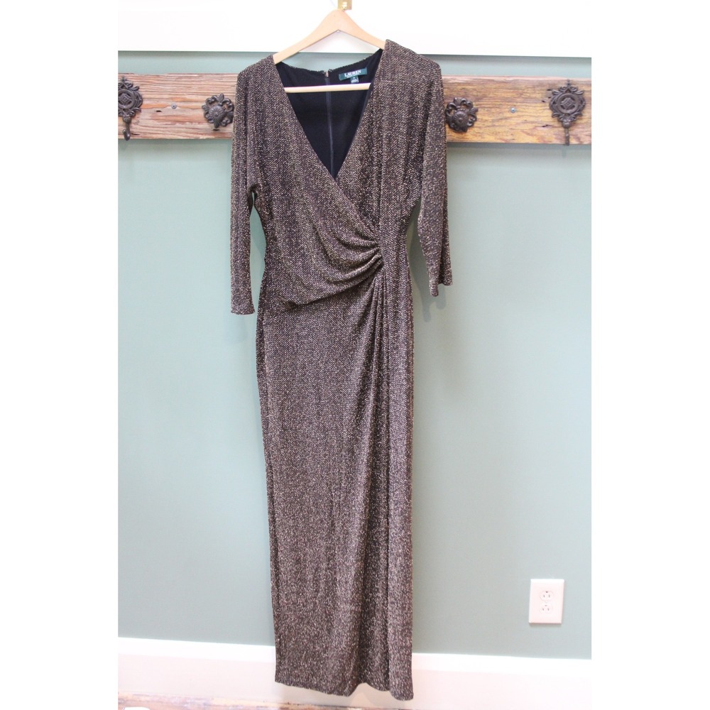 Lauren Ralph‎ Lauren Metallic Bronze Gold Long Sleeve Maxi Dress Formal Gown
